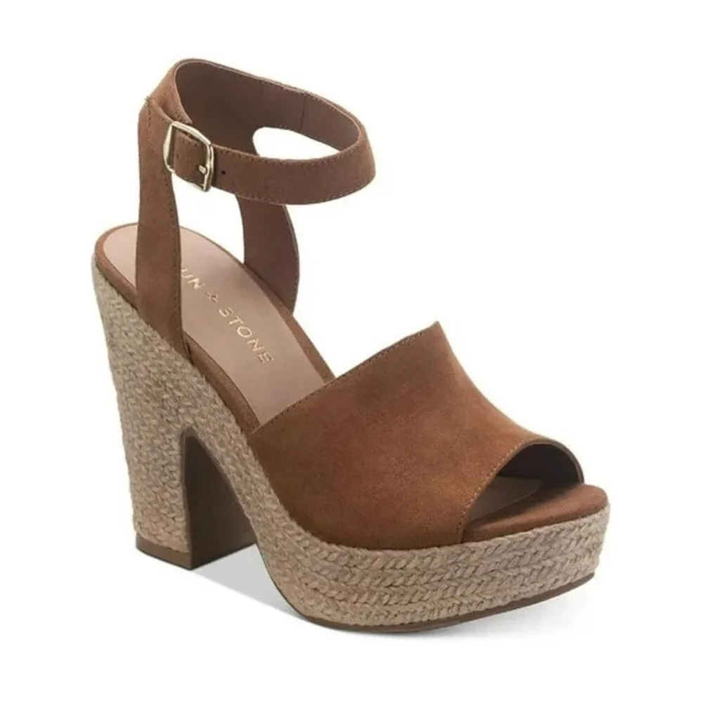 Sun & Stone Micro Suede Cognac Brown Retro Espadrille Platform Sandals 10 M